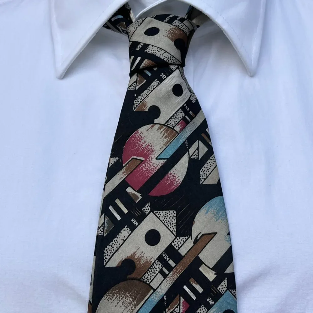 Vintage 80s Maco Matellini 100% Silk Abstract Geometric Print Necktie 55